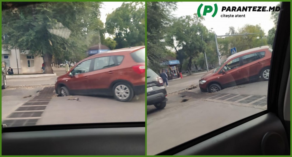 FOTO // Ghinionul unui șofer. A nimerit cu roata mașinii într-o gaură formată în asfalt